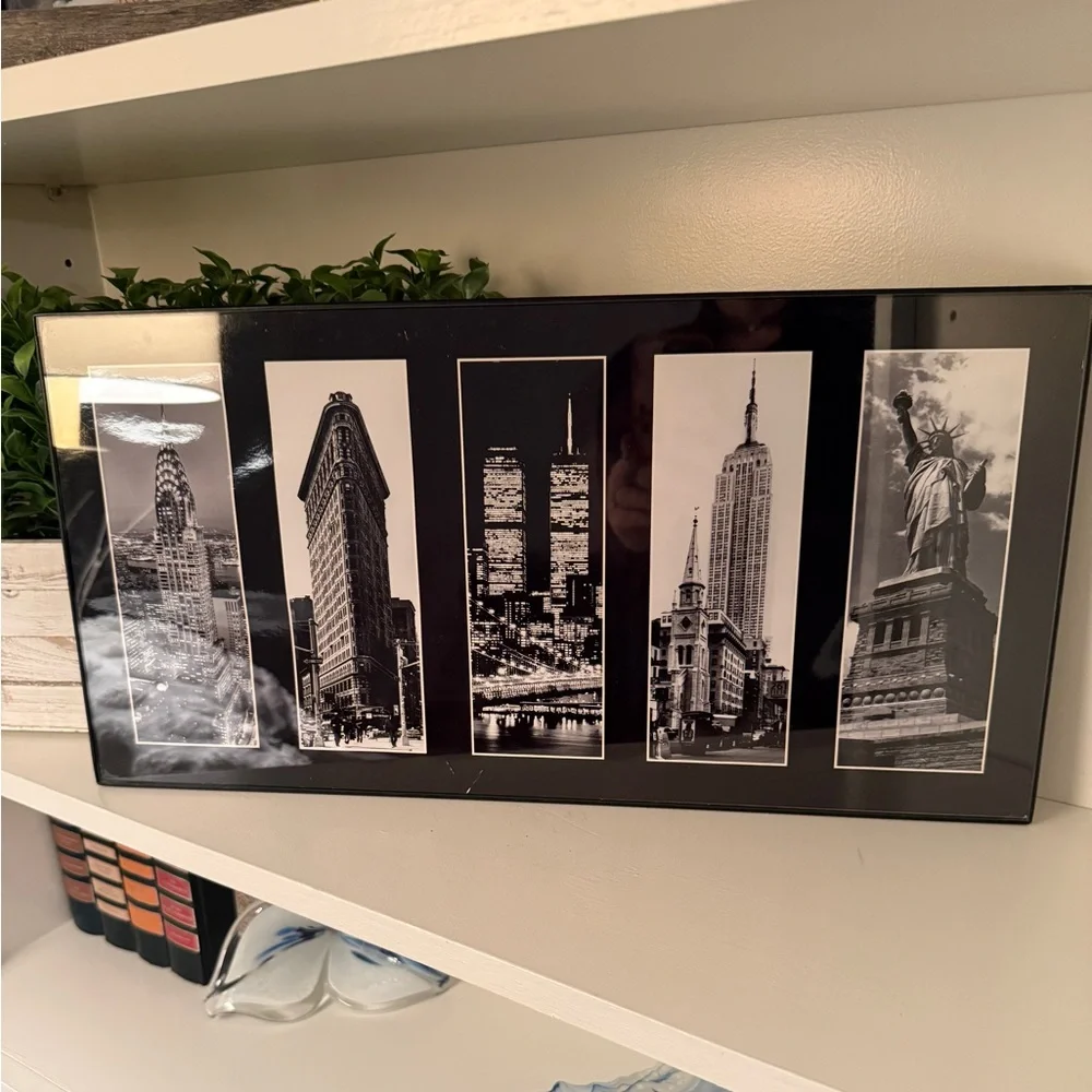 NYC Skyline Wall Frame Black & White-Twin Towers, Empire State Statue of Liberty